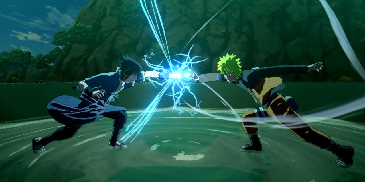 Sasuke and Naruto connecting their hands in a mutual power punch