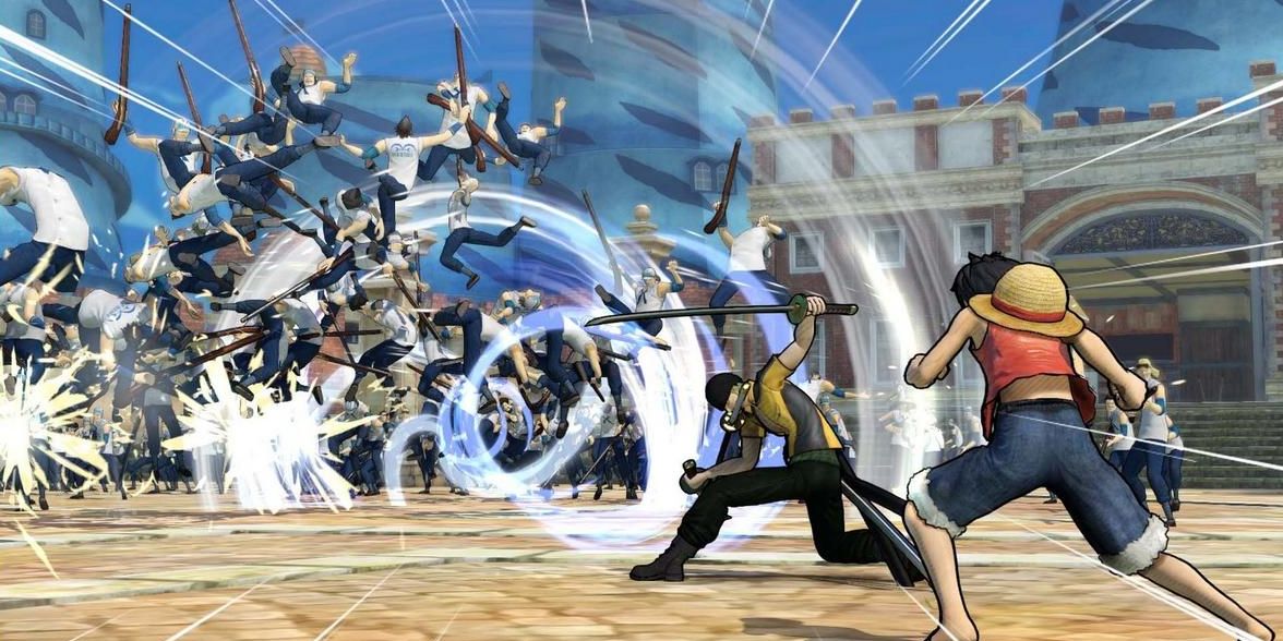A character using a giant wind move against a horde of enemies in front of Luffy