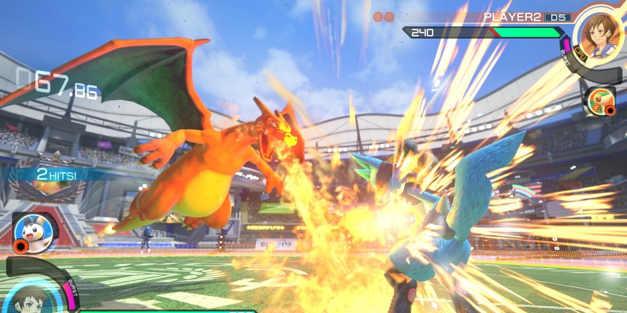 Charizard using flamethrower on Lucario in a stadium