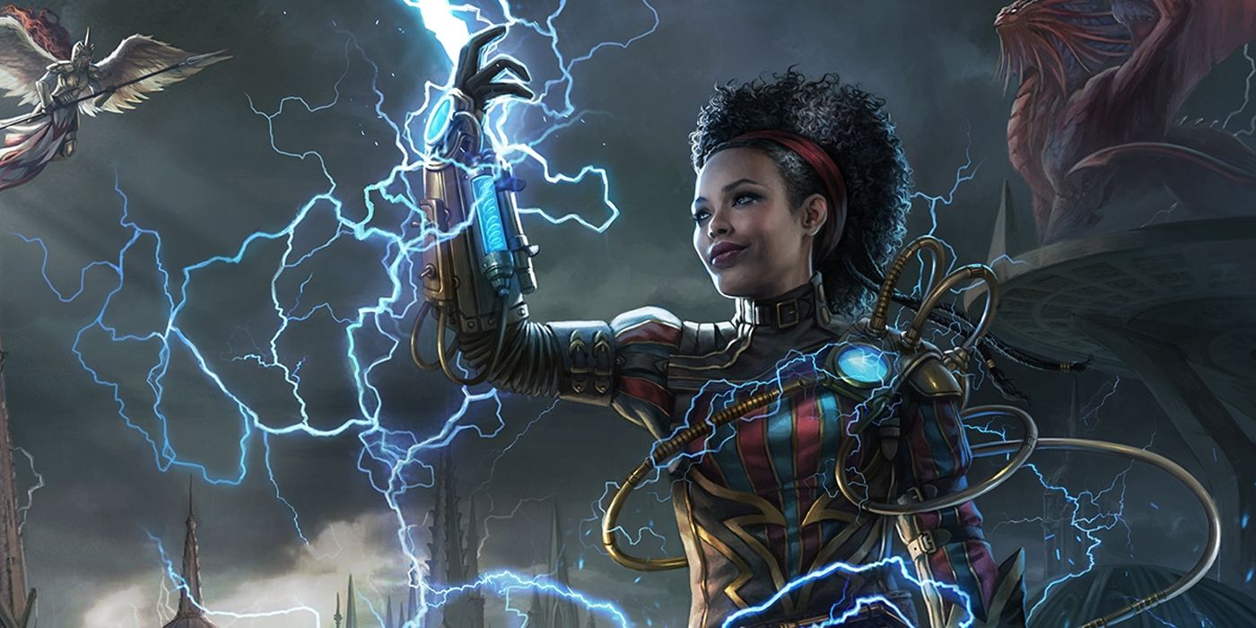A woman wearing a bunch of steampunk mechanical gadgets, surrounded by lightning.