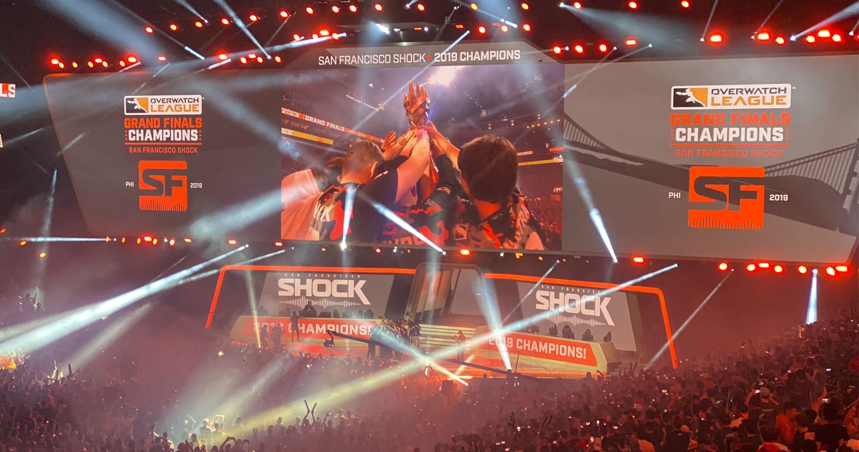 A celebratory light show after the SF Shock win the Overwatch League Grand Finals Championship.