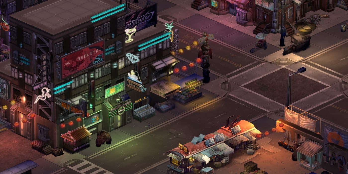 A wide view shot of the streets and shops of Shadowrun: Dragonfall