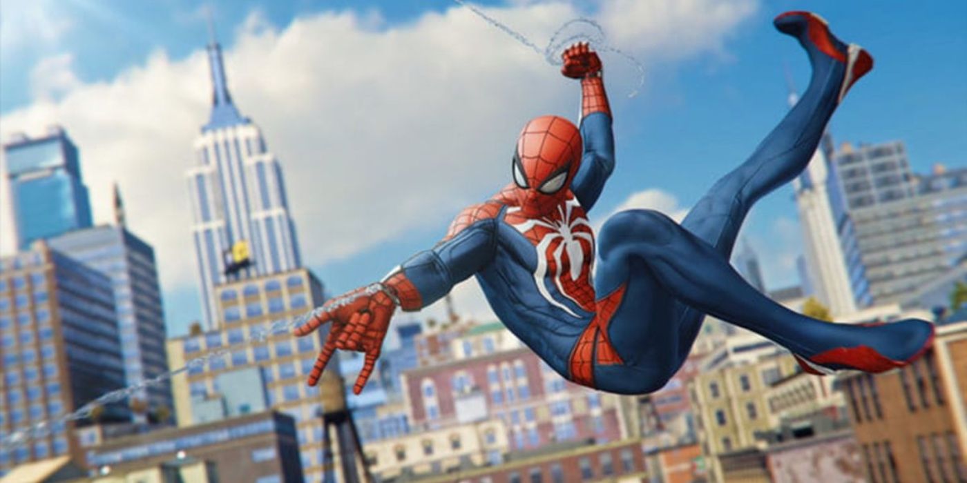 Spider-Man swinging from a web while striking a pose and slinging another web with the web-shooter mid-flight.