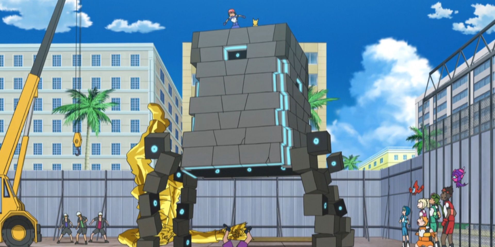 Stakataka in a construction site with all the characters from the anime