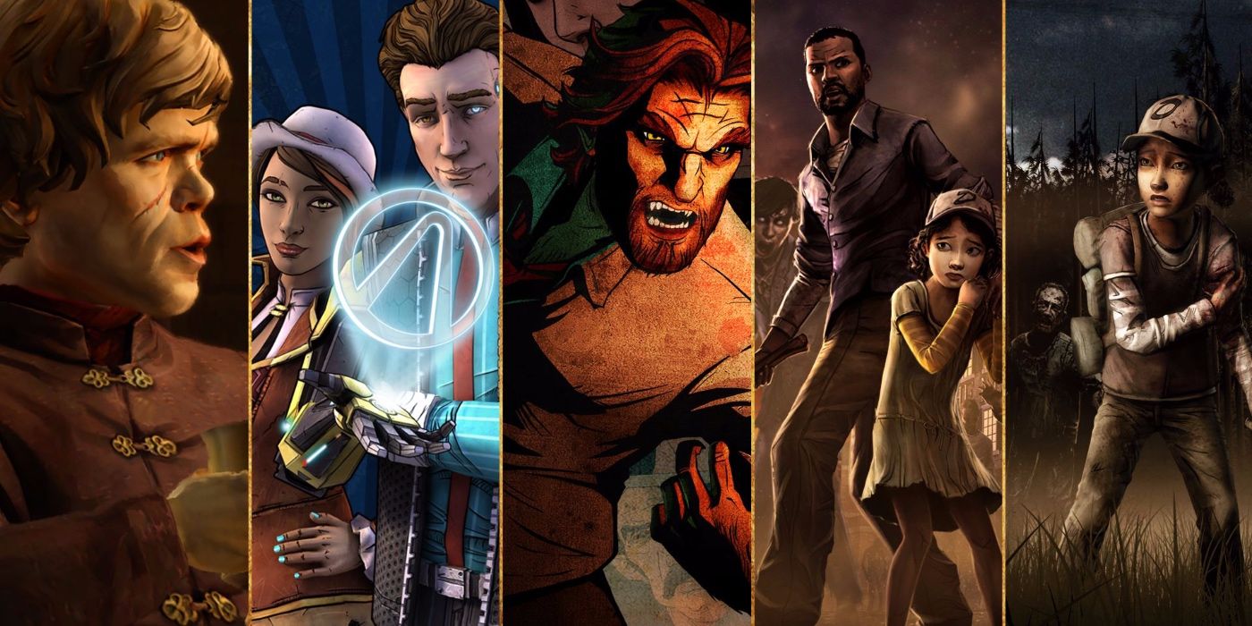 A five-panel collage of various Telltale games - Tyrion from Game of Thrones, Rhys and Fiona from Tales from the Borderlands, Bigby Wolf from The Wolf Among Us, Lee and Clementine from The Walking Dead Season 1, and Clementine from The Walking Dead Season 2.