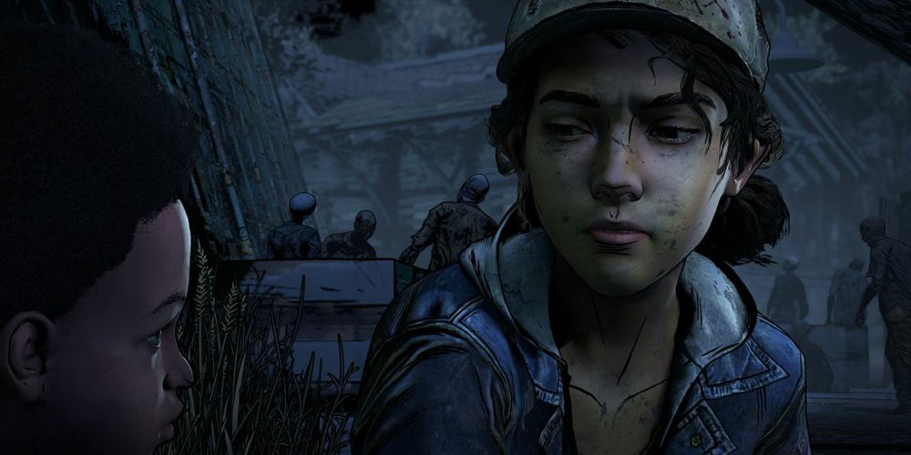 Telltale's The Walking Dead Clementine surrounded by zombies hiding with another charcter