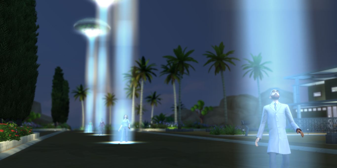 Image of multiple Sims about to be abducted from The Sims 4.