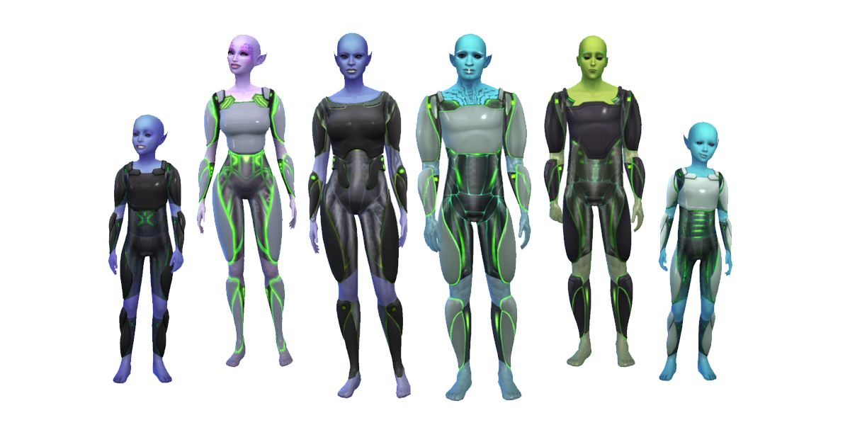 Image of a Sims alien family stood next to each other from The Sims 4.
