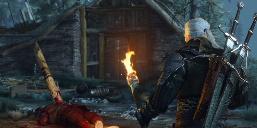The Witcher 3 Wild Hunt Geralt holding a flame and investigating a gruesome scene