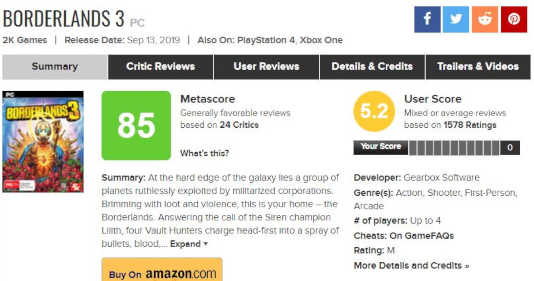 Borderlands 3 Has Suspiciously Few Review Scores On Metacritic