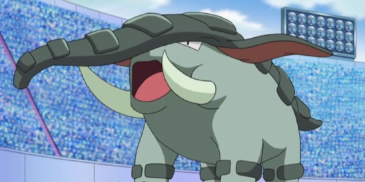 Donphan shouting in excitement at the start of a battle in the Pokemon anime