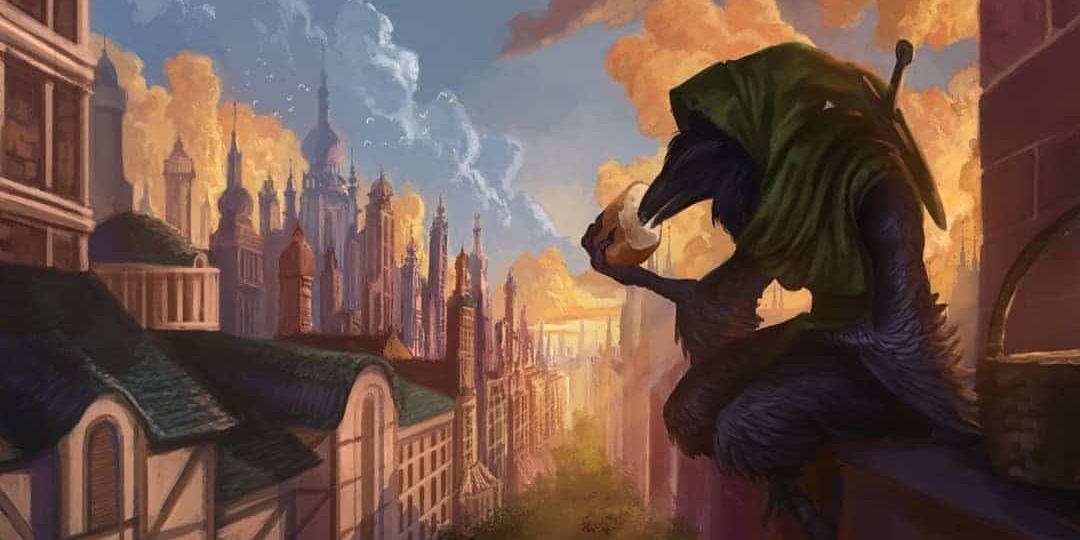 Kenku sitting on a rooftop eating bread, cityscape