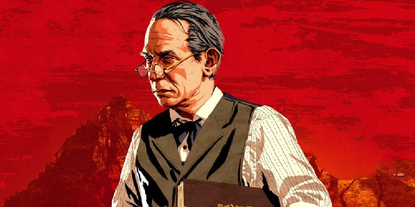 RDR2 art of Leopold Strauss with red background