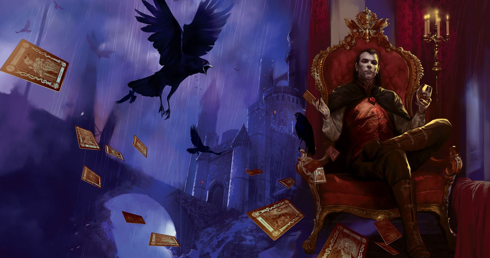 Strahd sitting upon a throne, with a raven flying nearby.
