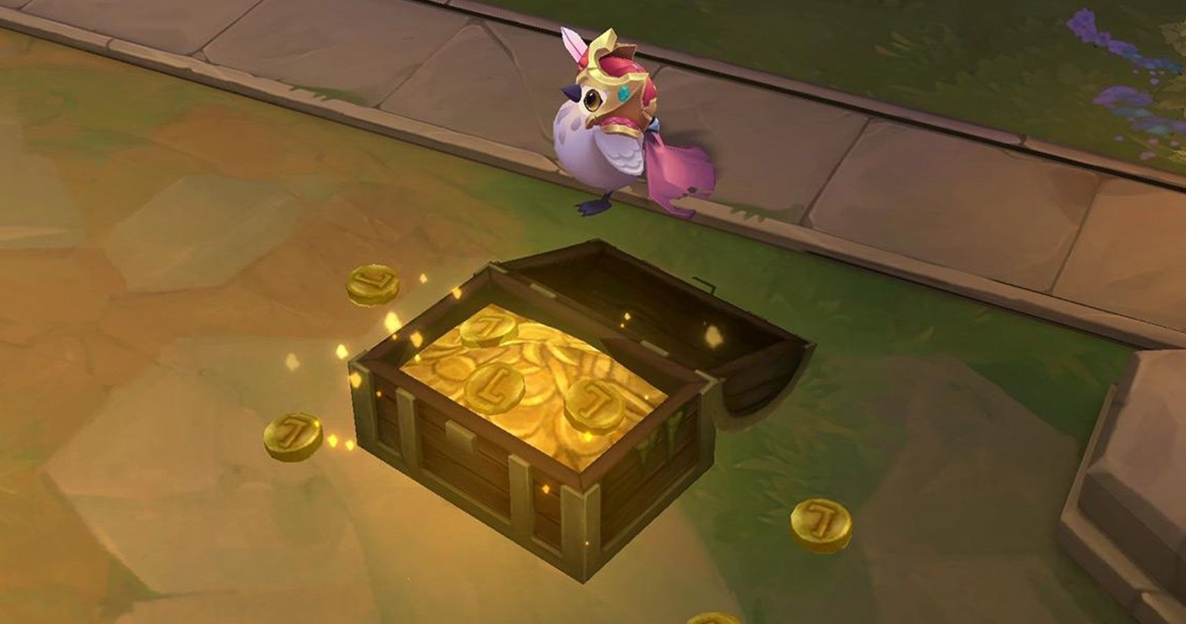A bird character standing next to a chest of gold