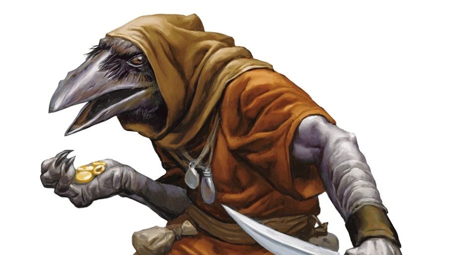 Close up of kenku holding coins and a sword/dagger in the other