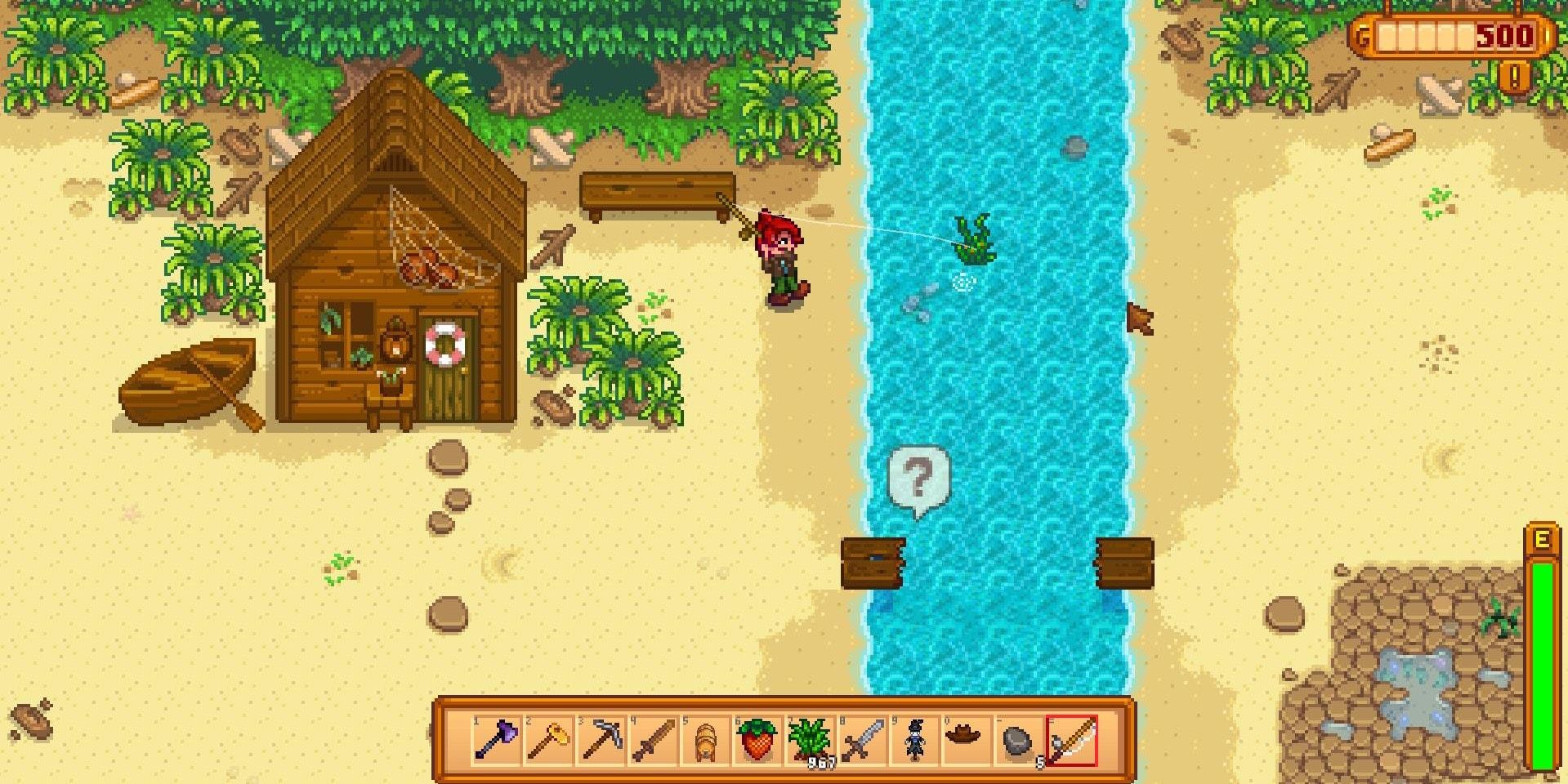 A player goes fishing on the beach beside Elliot's house, just above the broken bridge