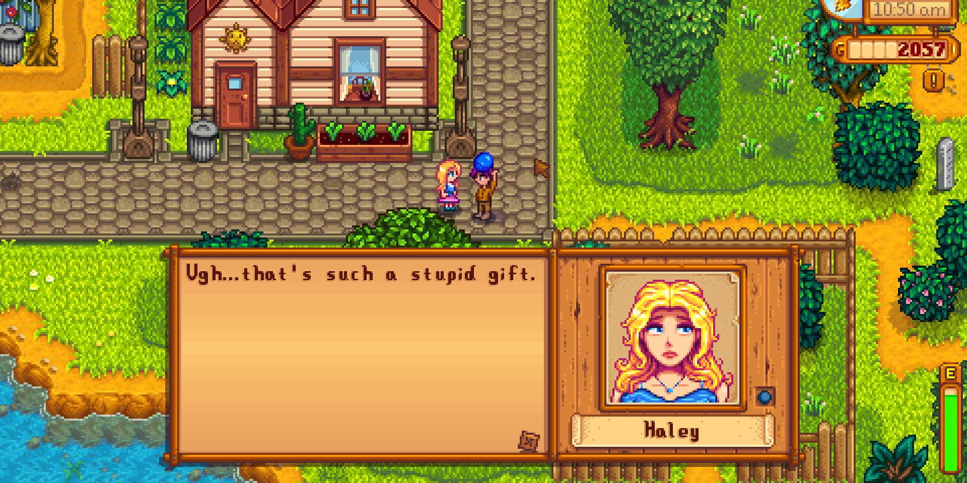 A farmer gives a blueberry to Hayley as a gift, and she isn't impressed. Hayley dialogue text: "Ugh...that's such a stupid gift."