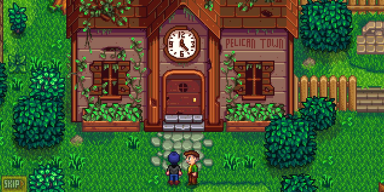 The beginning of the Community Center cutscene in Stardew Valley, Mayor Lewis stands beside the player in front of the Community Center.