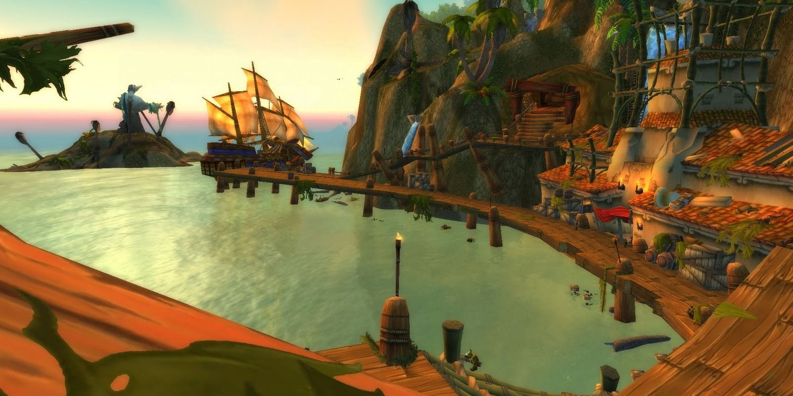Booty Bay, Stranglethorn Vale in WoW Classic, view of the dock from the FP with ship in port and statue