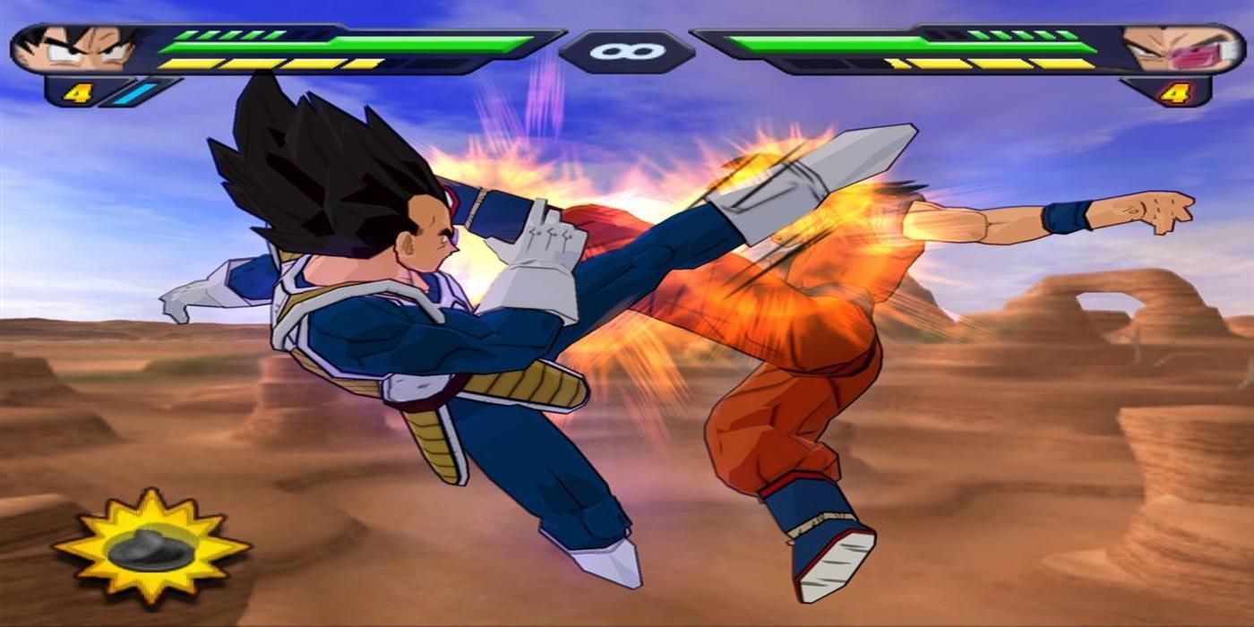 Goku and Vegeta kicking each other in the air at the same time.