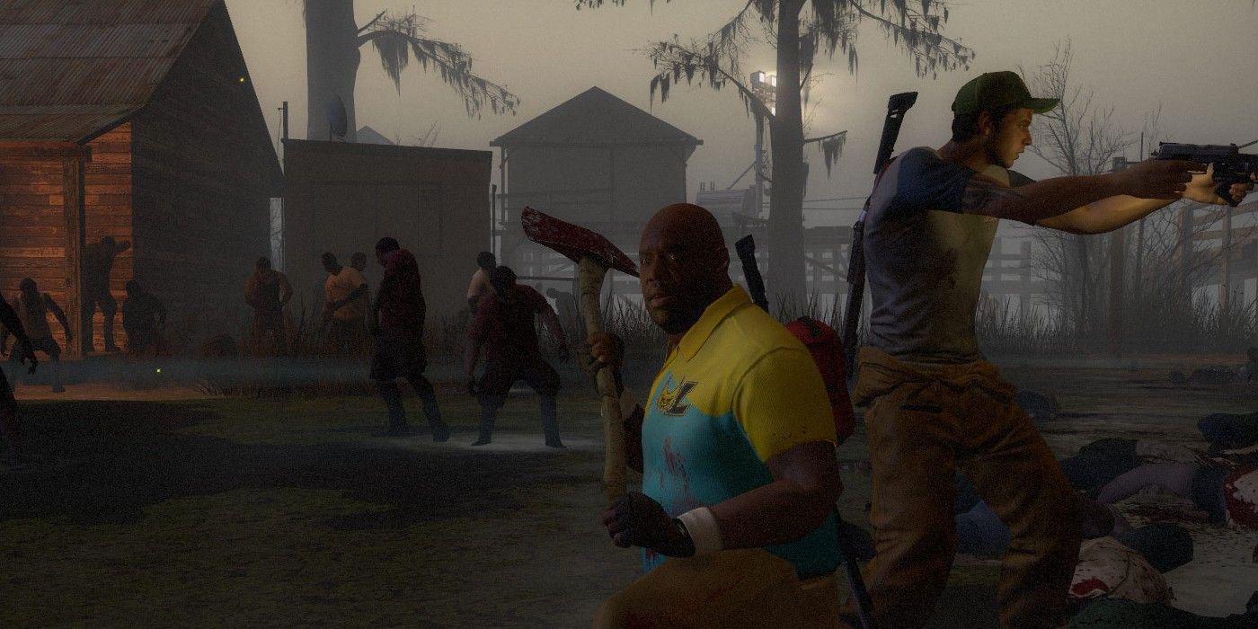 Two characters from Left 4 Dead 2 holding a gun and axe as zombies walk towards them