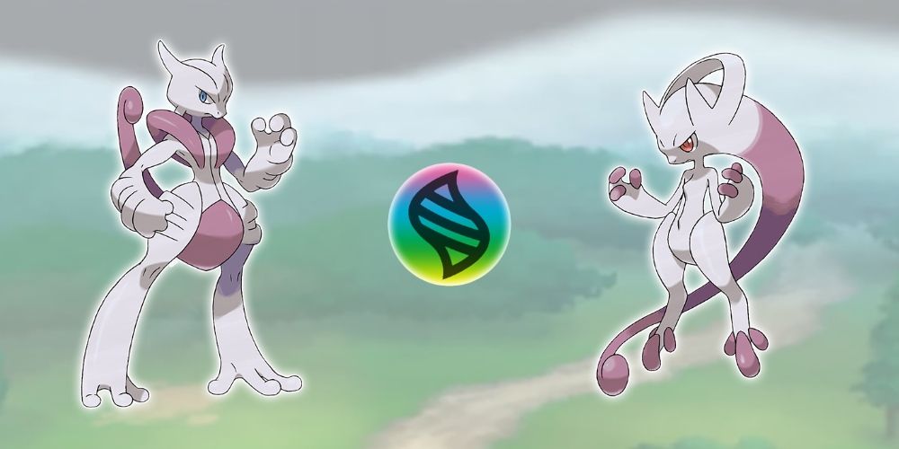 mega mewtwo x and mega mewtwo y with the mega evolution symbol overlaid on a game background 