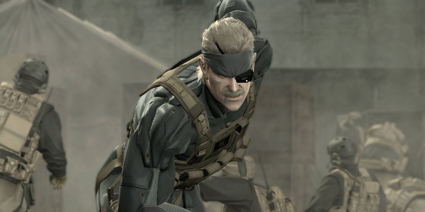 Metal Gear Solid 4 Screenshot Of Old Snake Running Past Soldiers In A Field.
