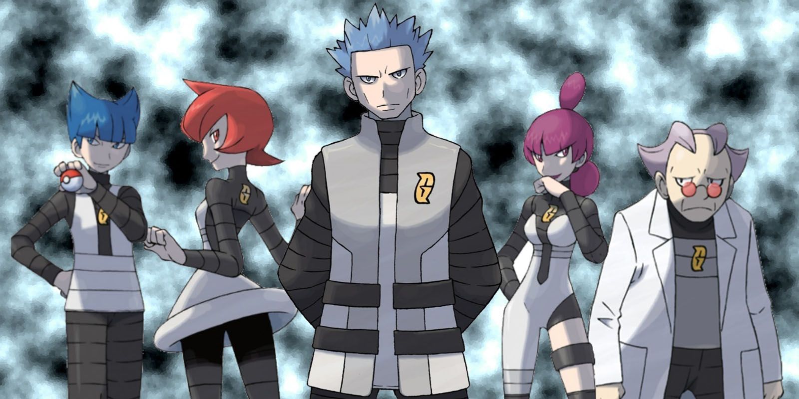 Team Galactic standing in front of a cloudy gray background