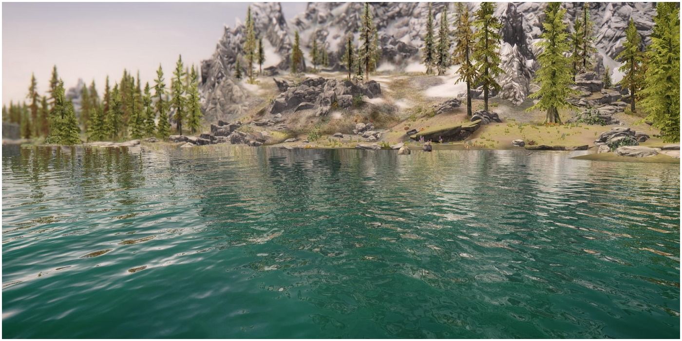 a wide river in skyrim with a realistic water mod making it look very pretty
