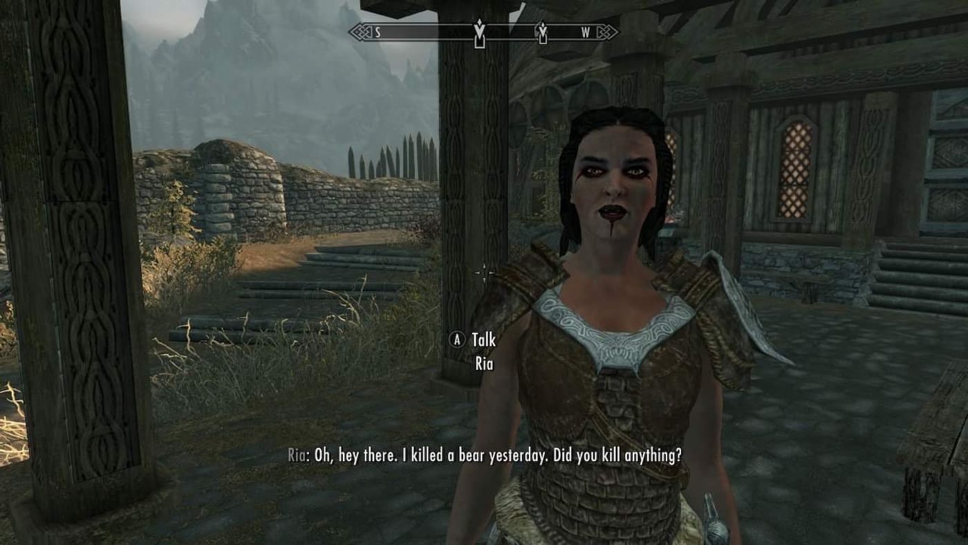 Ria brags about her hunting skills to the player in Skyrim