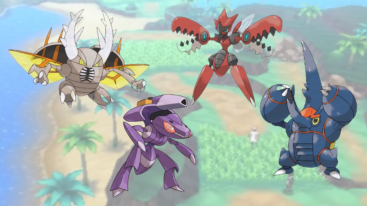 the strongest bug-type pokemon, mega heracross, mega scizor, mega heracross, and genesect, overlaid on a background of the alola region 