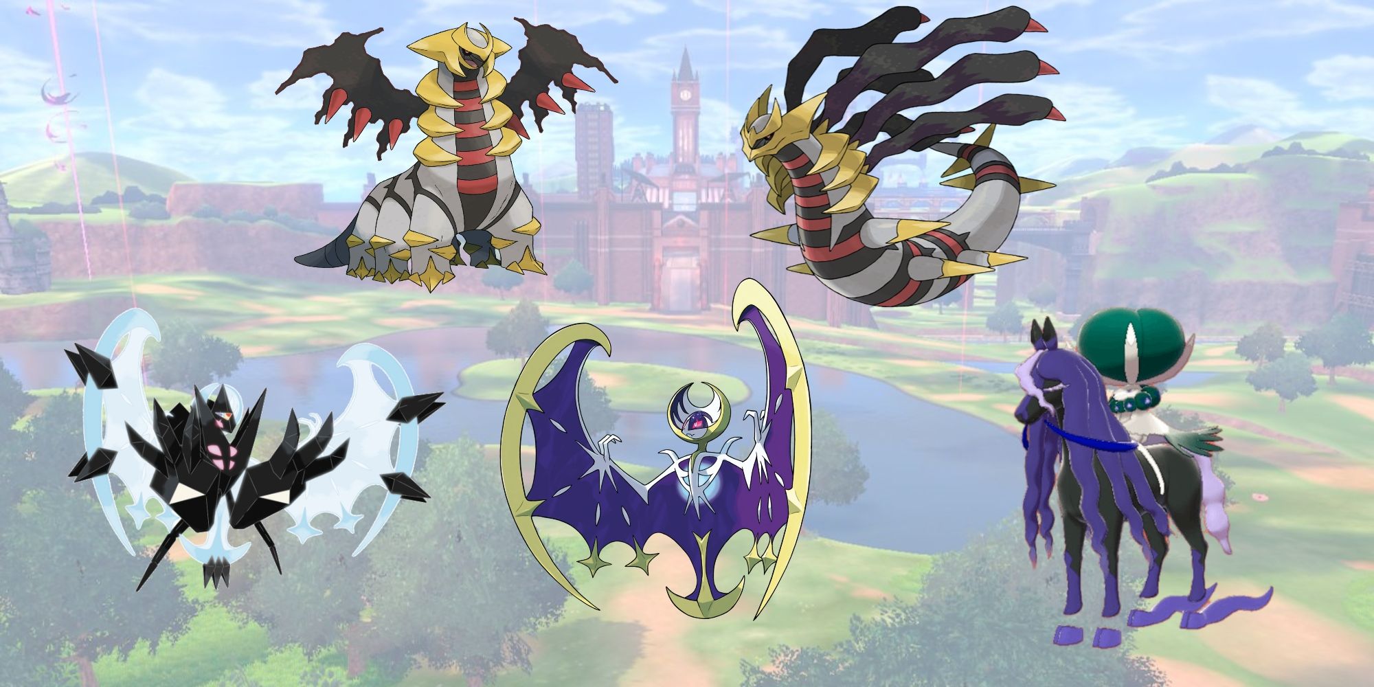 the strongest ghost type pokemon - giratina altered form, giratina origin form, dawn wings necrozma, lunala, and shadow rider calyrex, overlaid on an image of the galar wild area from sword &amp; shield 