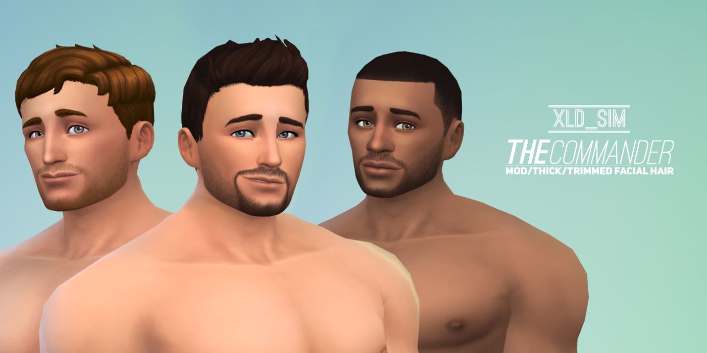 Three Sims with different skintones and hair colors having matching beards