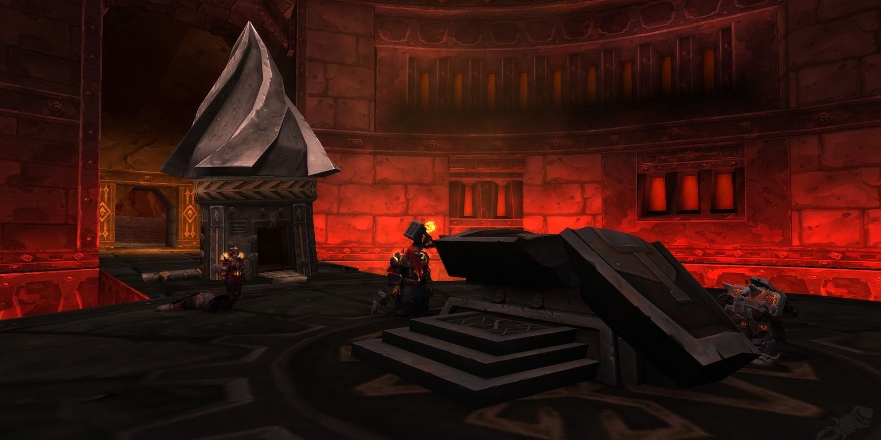 A shot of Blackrock Depths and a mole machine near the anvil in WoW Classic.