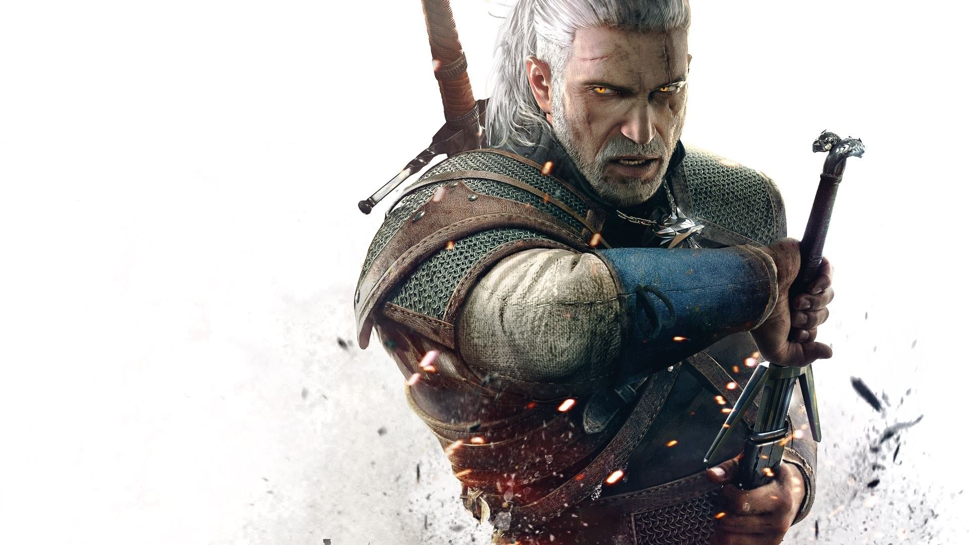 Geralt holstering his sword.