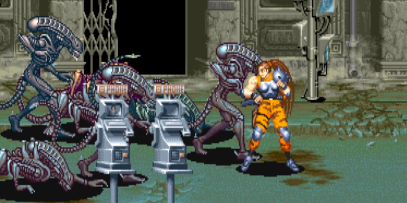 Linn fighting aliens in Alien vs. Predator arcade.