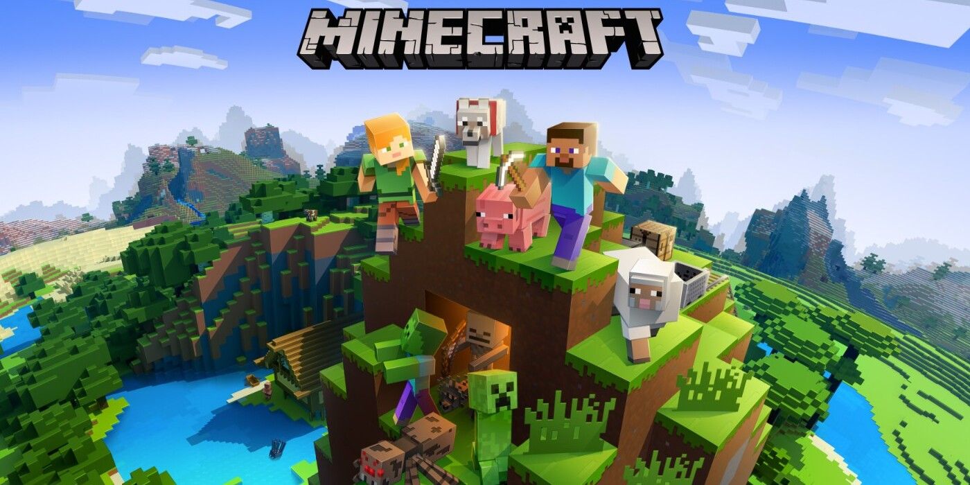 Minecraft cover art with the title logo on the top and the protagonist Steve with a few animals standing high atop a hilly area, with some enemies coming out from below.