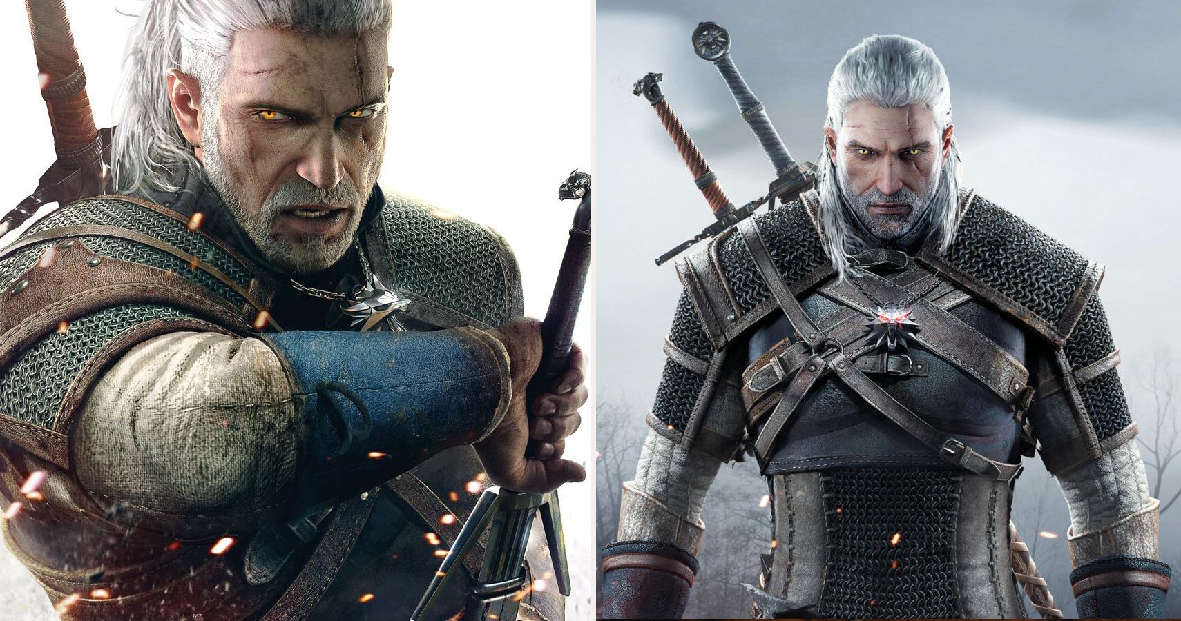 left side close up of geralt drawing his sword, right side promo shot of basdass geralt staring at the camera.
