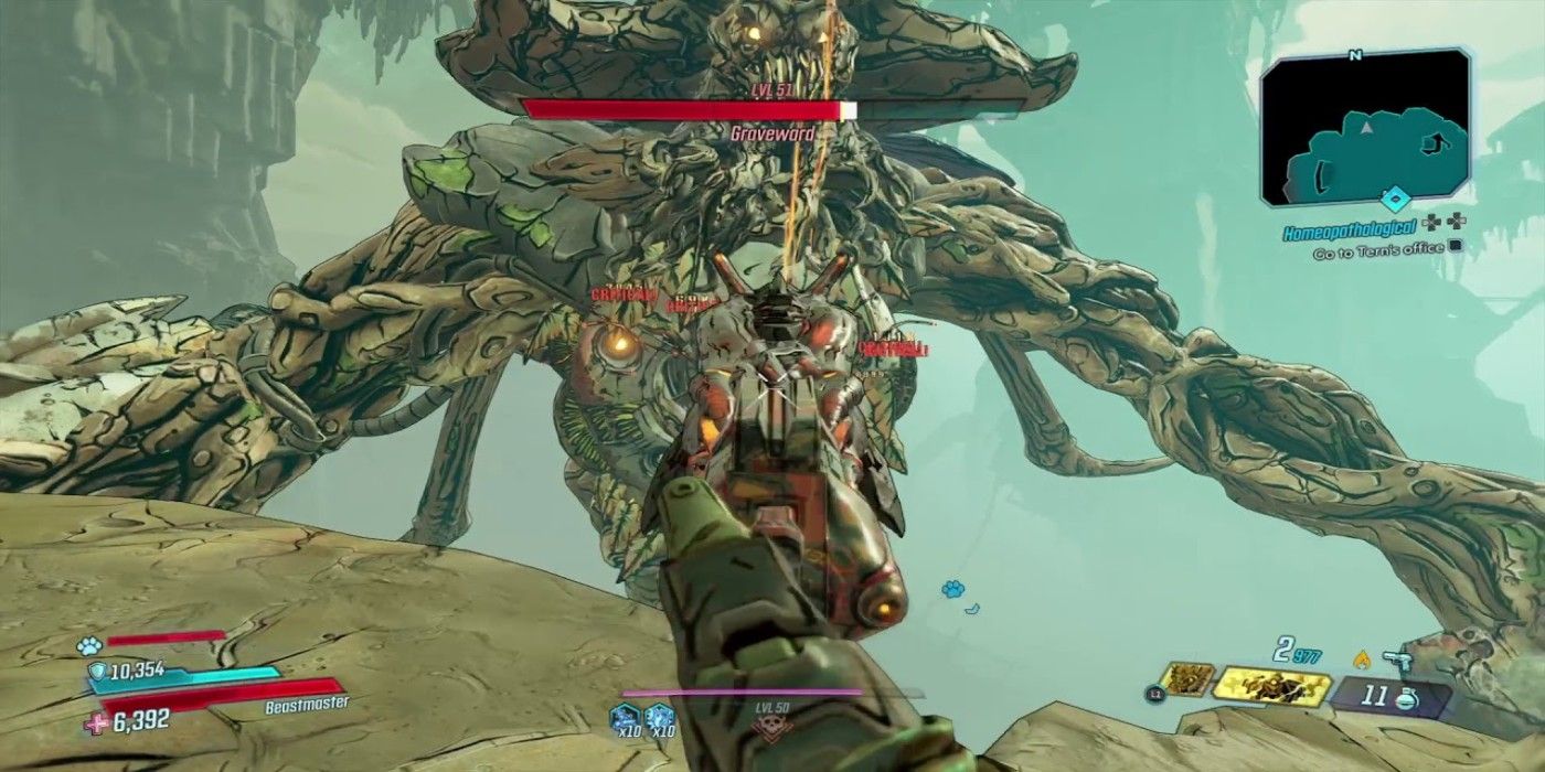 Aiming weapon at depleted Graveward on rocky arena in Borderlands 3