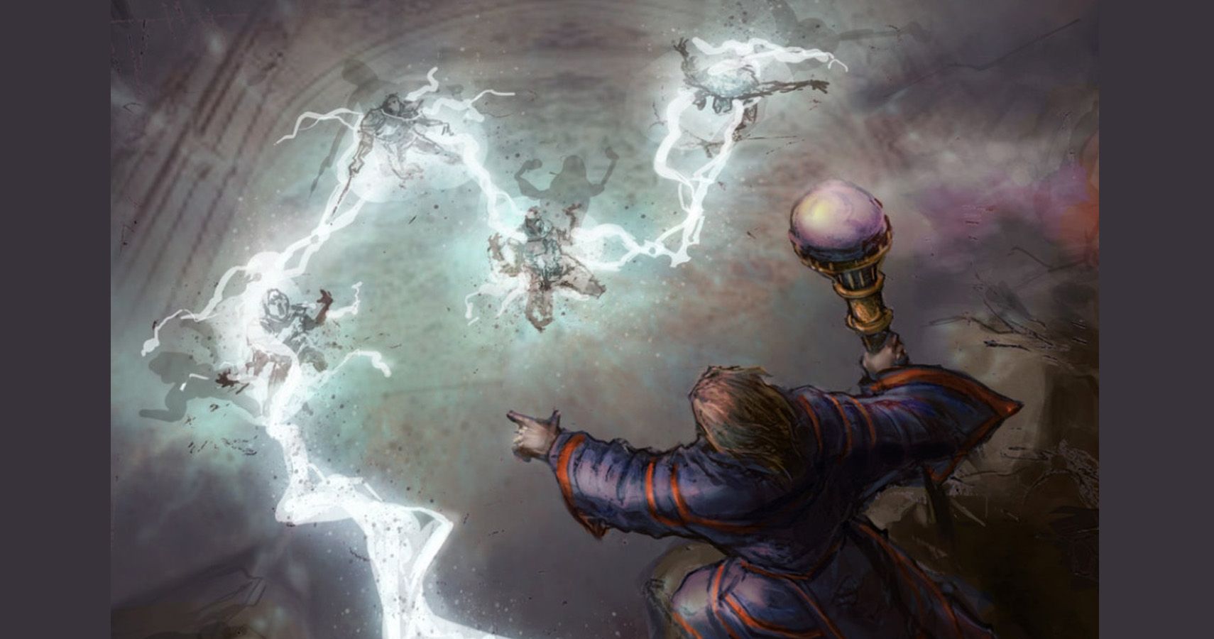 A wizard attacking the entire enemy formation with a Chain Lightning spell