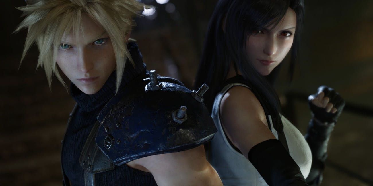 Cloud and Tifa stand back to back, prepared to fight.