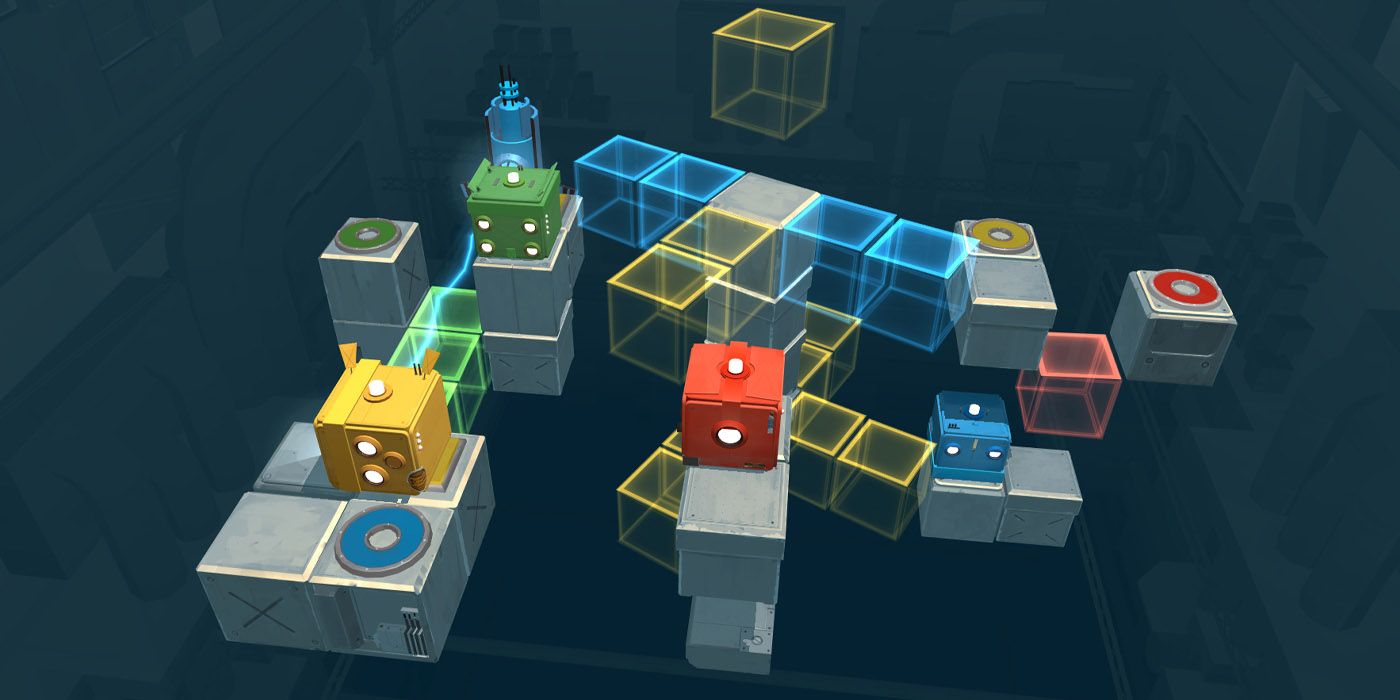 Blue, red, green, and yellow robots on platforms with different colored paths