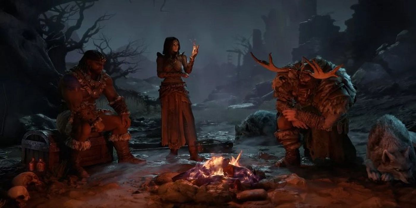 Diablo 4 different class characters sitting around a fire