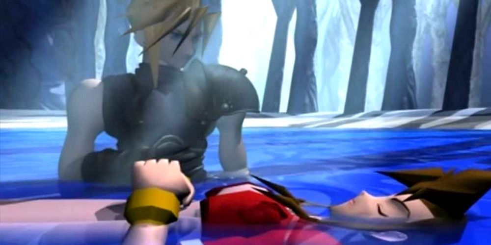 Cloud says goodbye to Aerith, releasing her body into a pool of water.