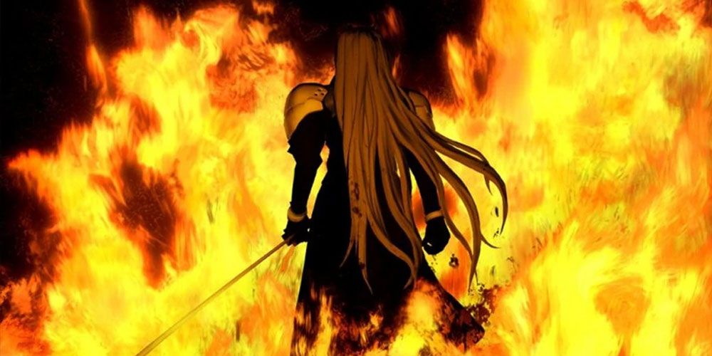 Sephiroth surrounded by the flames of Nibelheim.