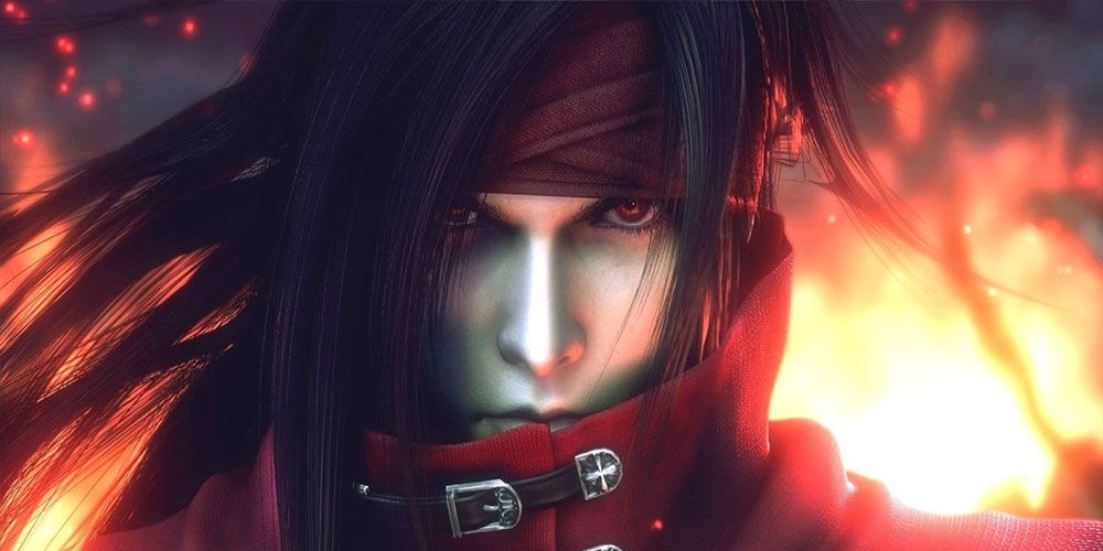 A close up of Vincent Valentine, backed by flames.