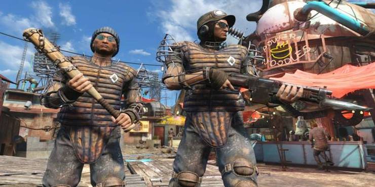 two guards wearing the Diamond City armor set in Fallout 4