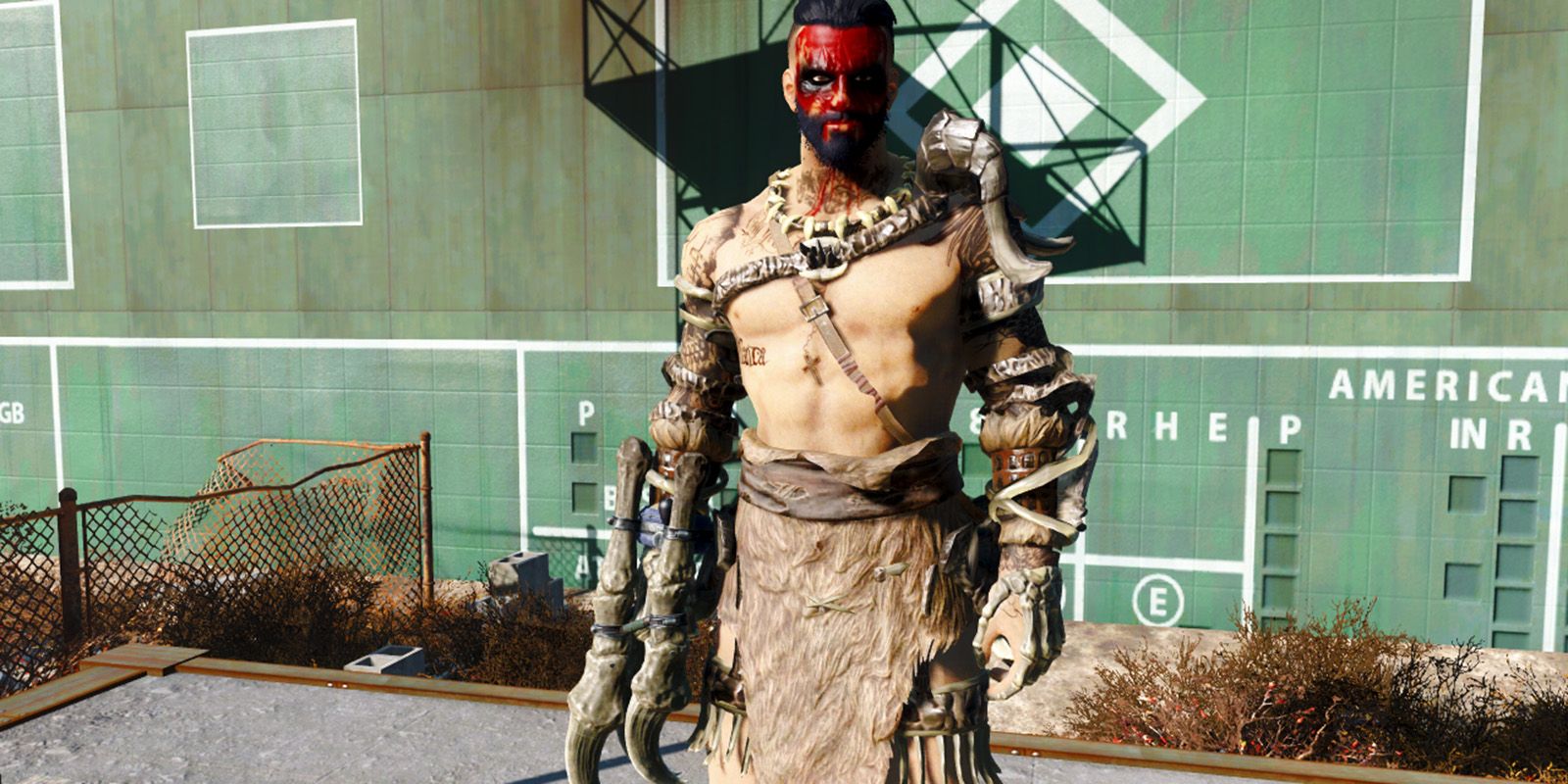 Character dressed in Deathclaw trappings in Fallout 4