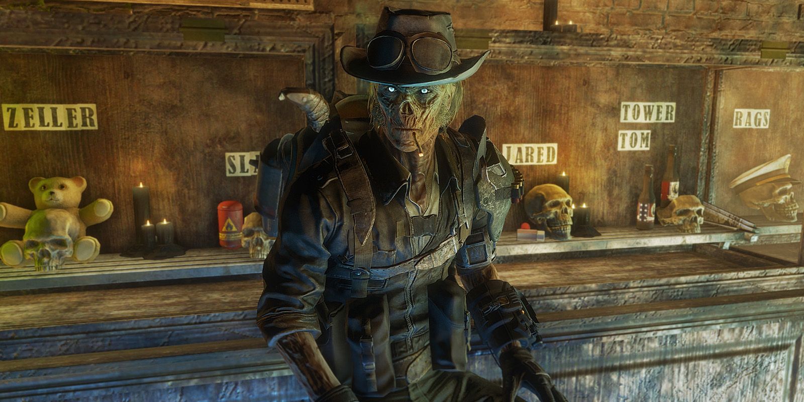 A ghoul sitting a a bar in Fallout 4